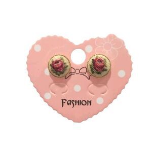 Vintage Round Needlepoint Rose Stud Earrings Yellow Gold Plated  Posts